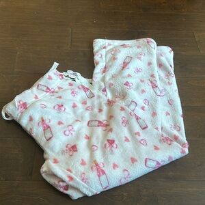 Daydream Womens Pajama Pants Valentines Plush Pink Hearts Bows Wine Bottles